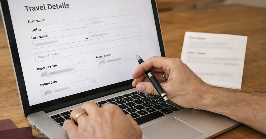 Travel form being filled in with address details for two travellers