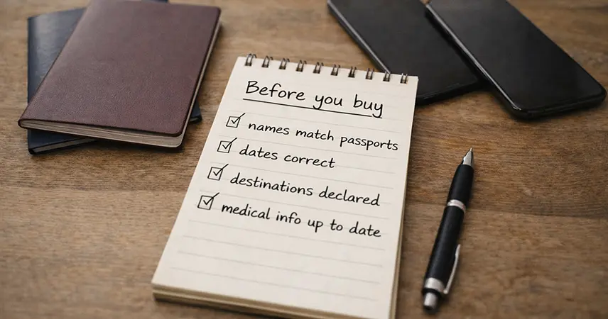 Checklist of travel details to confirm before buying couples cover