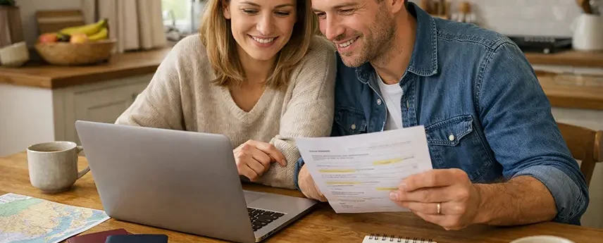 Couple checking travel details and documents before booking insurance