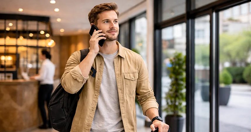 Traveller making a call after their phone is lost or stolen abroad