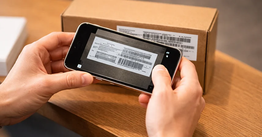 Traveller checking proof of ownership details for a phone before travelling