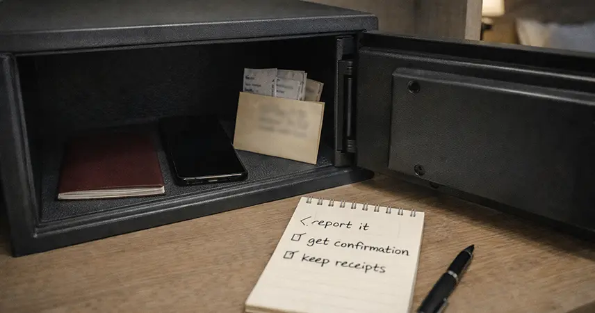 Travel documents and receipts stored safely for evidence if something goes wrong