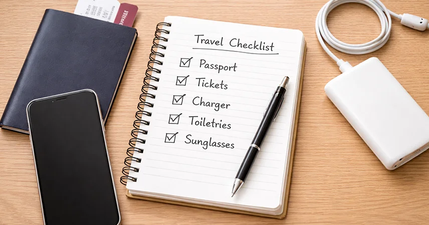 Travel checklist next to a passport, phone and power bank