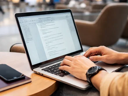 Traveller using a laptop and phone at an airport before a trip