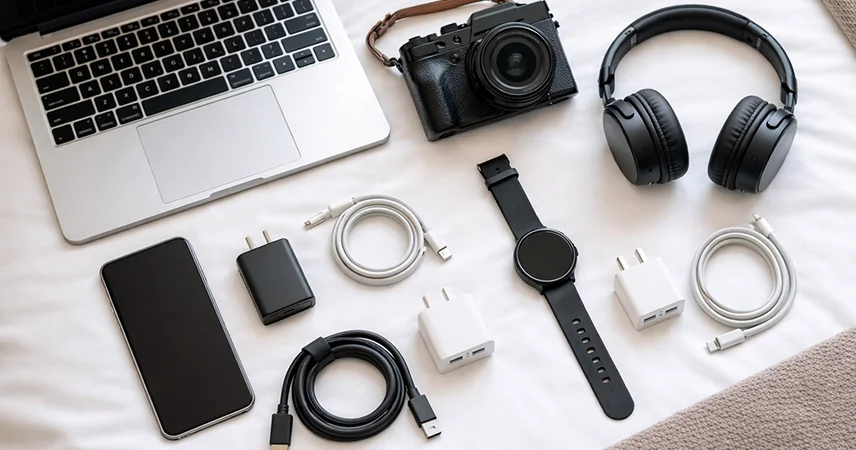 Travel gadgets laid out including phone, laptop, camera, smartwatch and headphones
