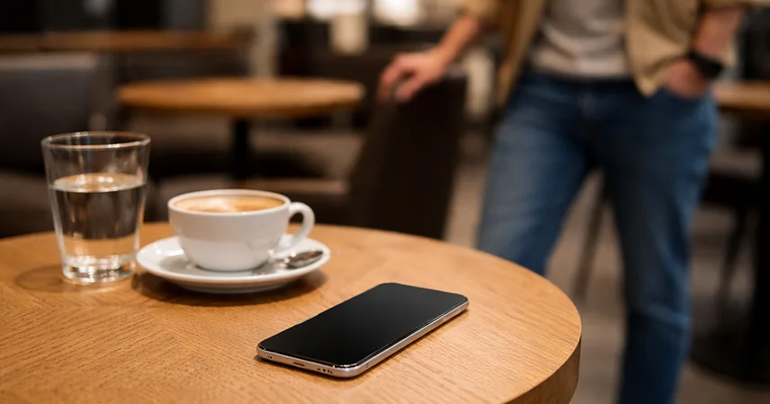 Mobile phone left unattended on a café table while travelling